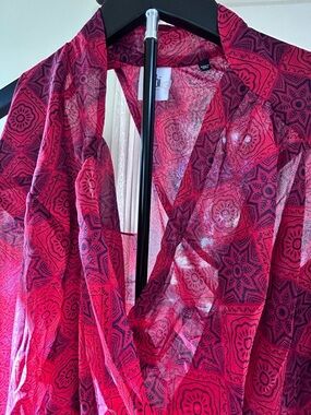 CAbi Sheer Red Patterned Wrap Top, NTW, classy